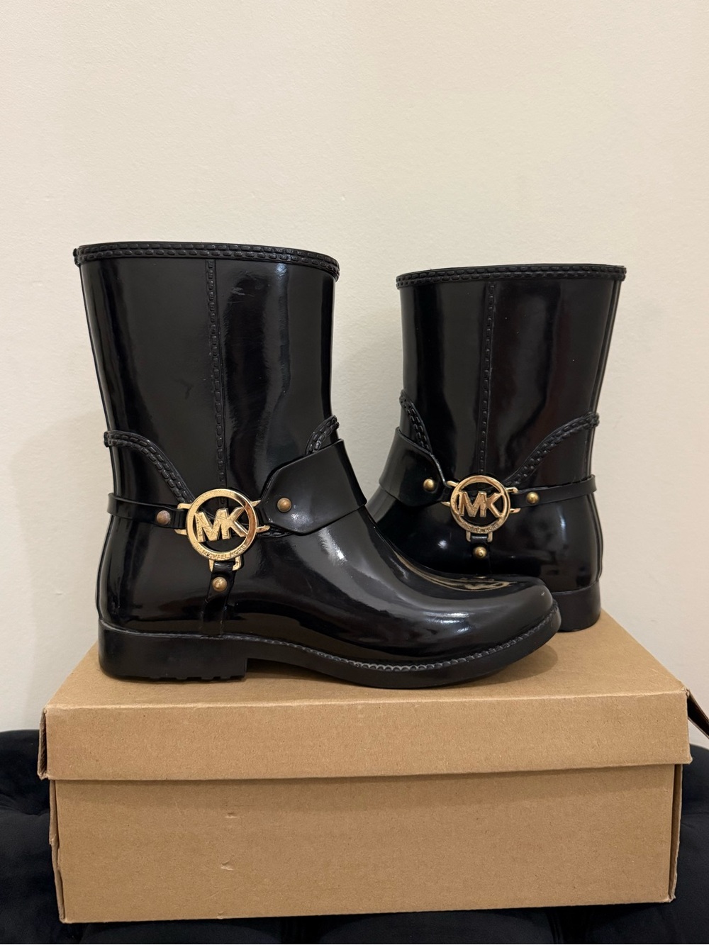 Michael Kors Black Patent Logo Rain Boots